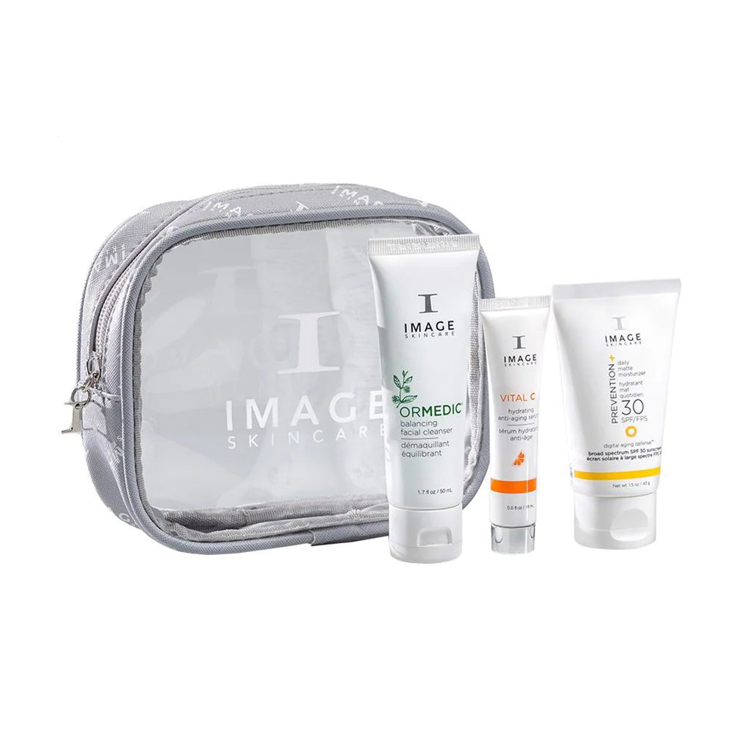 Набір для обличчя Image Skincare Ready, Set, Discover (гель для вмивання, 50 мл + сироватка для обличчя, 15 мл + крем для обличчя, 43 г + косметичка)